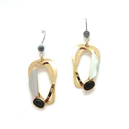 Double Oval - Shiny Gold and Grey Cats Eye Dangles - Click Image to Close